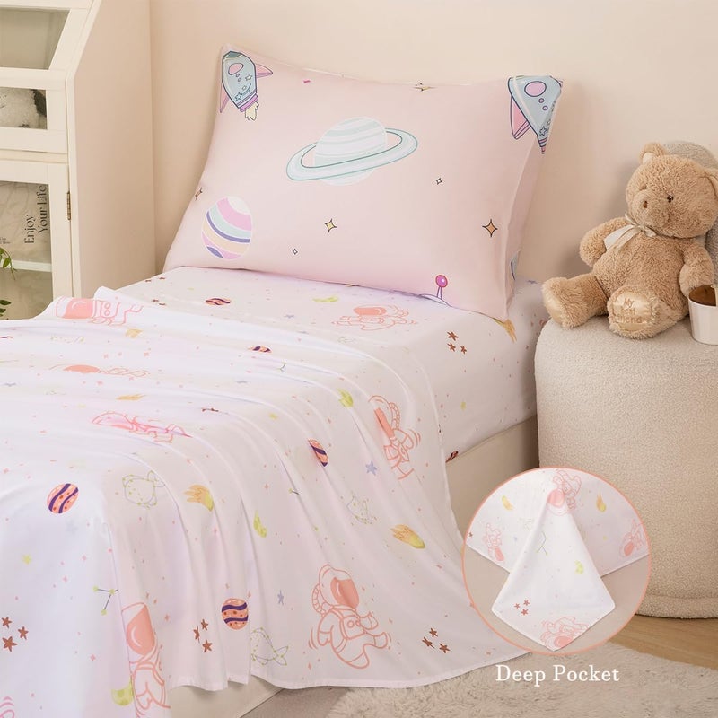 PERFEMET 4 Piece Toddler Girl Bedding Set Space Theme Pink Toddler Bed Set with Sheets Soft Reversible Astronaut Planets Crib Bed Comforter for Kids Girls - Image 4